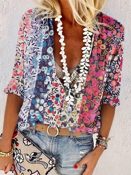 

V Neck Floral Casual Loose Blouse, Multicolor, Shirts & Blouses