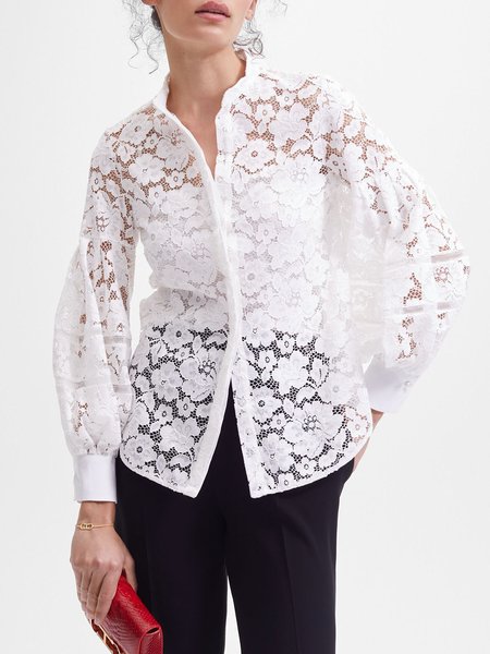 

Elegant Stand Collar Lace Plain Blouse, White, Blouses and Shirts