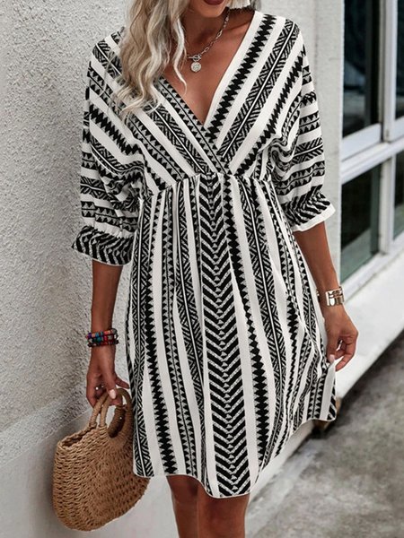 

Summer Vacation Abstract Striped Loose Casual Belt Shirt Dress, Black, Dresses