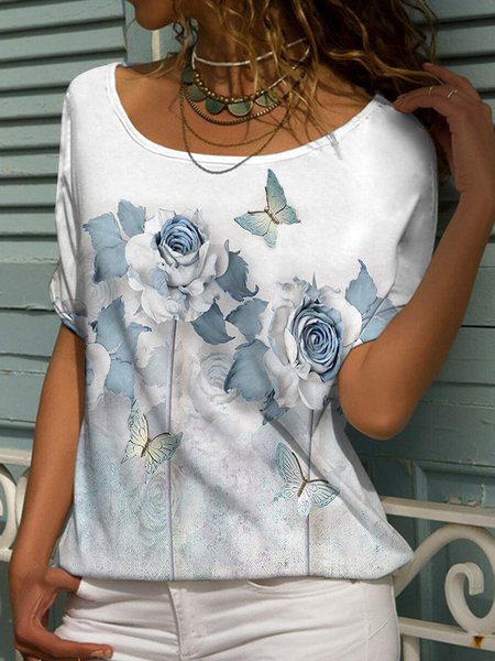 

Crew Neck Casual Loose Floral T-Shirt, White, T-Shirts