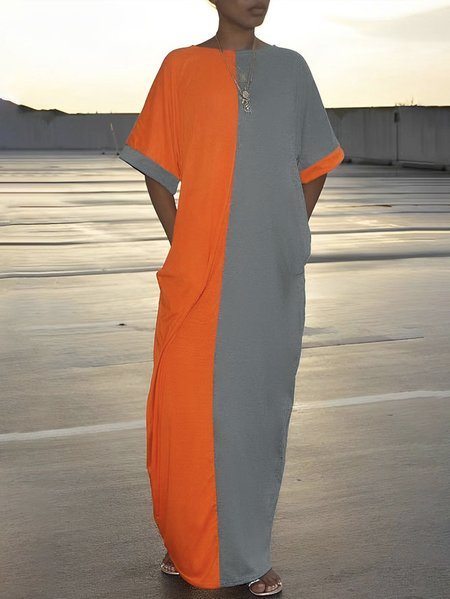 

Casual Crew Neck Color Block Loose Dress, Orange, Maxi Dresses