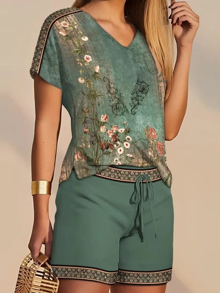 Loose V Neck Floral Casual Two Piece Set