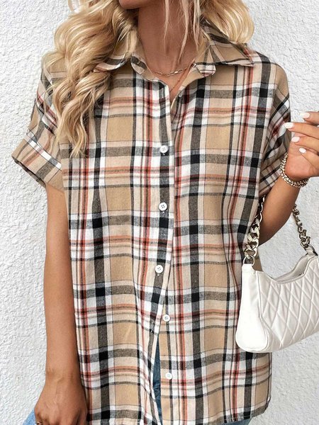 

Plaid Casual Shirt Collar Blouse, Light khaki, Shirts & Blouses