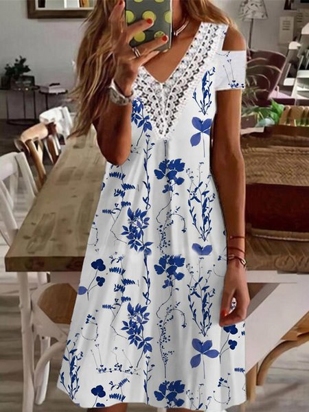 

Casual Lace V Neck Loose Dress, White, Dresses