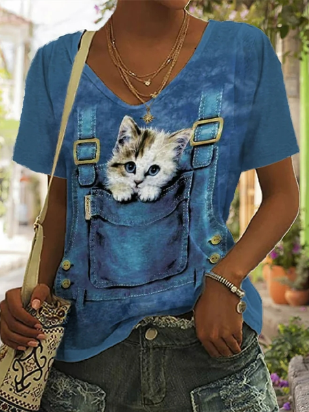 Casual Loose Cat V Neck T-Shirt, Blue, T-Shirts