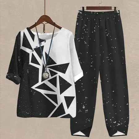 

Crew Neck Geometric Casual Loose Two-Piece Set, Black, Suit Set