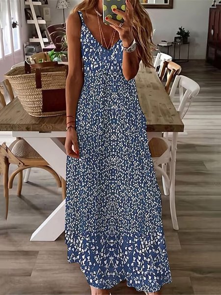 

Casual Loose V Neck Floral Dress, Blue, Dresses