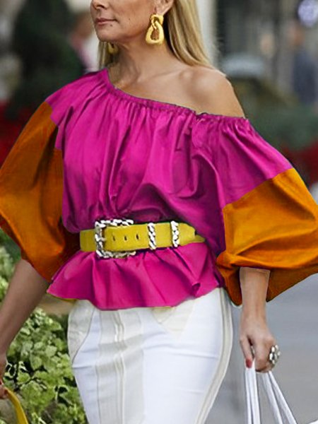 

Cold Shoulder Urban Loose Color Block Shirt, Deep pink, Blouses and Shirts