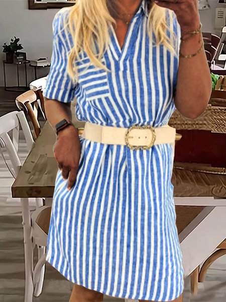 

Womens Casual V Neck Loose Striped Shirt Dress, Blue, Dresses