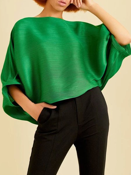 

Loose Casual Crew Neck Pleated Shirt, Green, Blouses and Shirts