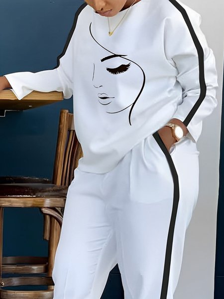 

Loose Face Print Casual Crew Neck Sweatshirt, White, Hoodies and Sweatshirts