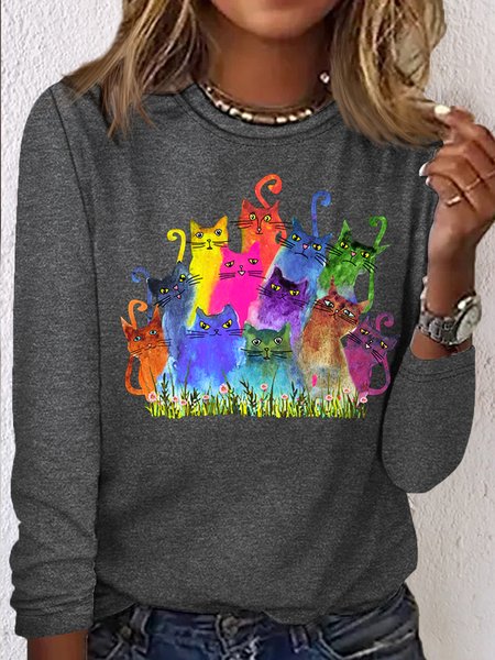 

Women's Cat Watercolor Print Casual Crew Neck Shirt, Gray, Long sleeves