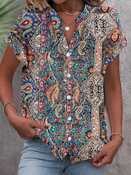 

Casual Loose Ethnic Shirt, Cyan, Shirts & Blouses