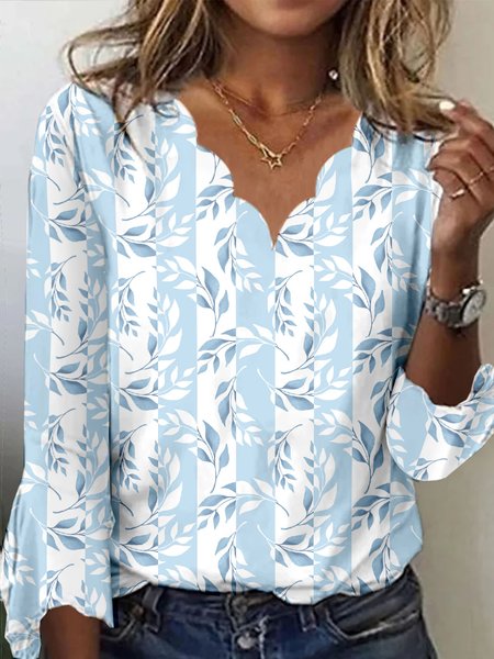 

V Neck Loose Casual Plants Leaf Printed Shirt, Blue, Shirts & Blouses