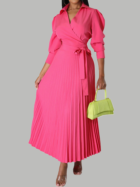 

Plain Elegant Shirt Collar Long sleeve Regular Fit Dress With Belt, Red, Maxi Dresses