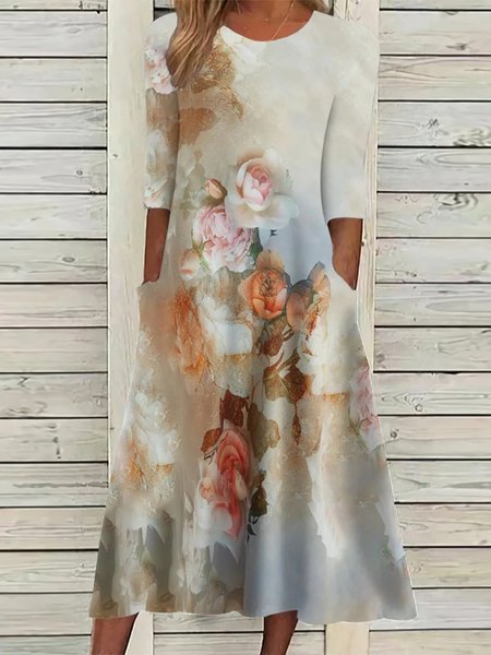 

Floral Crew Neck Casual Dress, Yellow, Dresses