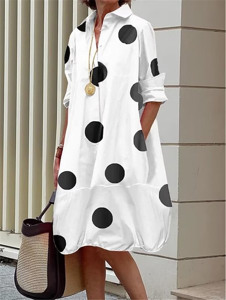 

Polka Dots Loose Casual Shawl Collar Dress, White, Mini Dresses