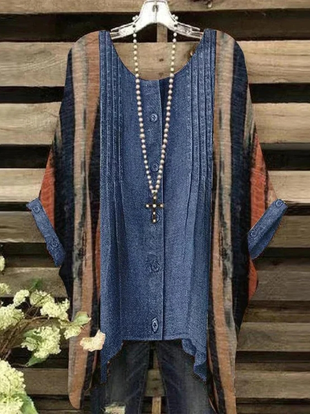 

Color Block Crew Neck Casual Blouse, Blue, Shirts & Blouses