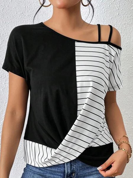 

Striped Casual Loose One Shoulder T-Shirt, Black, T-Shirts