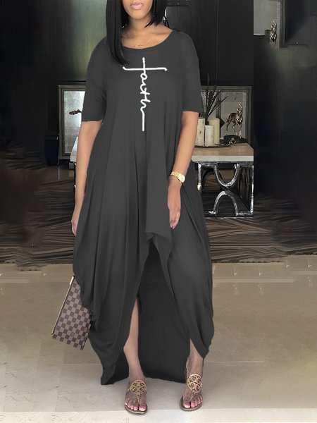 

Crew Neck Half sleeve Text Letters Casual Dress, Black, Maxi Dresses