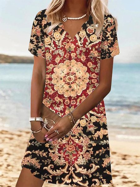 

Ethnic Loose V Neck Casual Dress, Red, Dresses