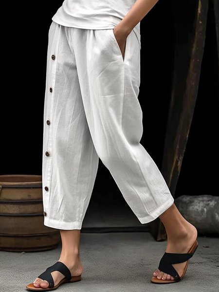 

Loose Buckle Casual Cotton And Linen Pants, White, Pants