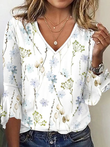 

Loose V Neck Floral Casual Shirt, White, Shirts & Blouses