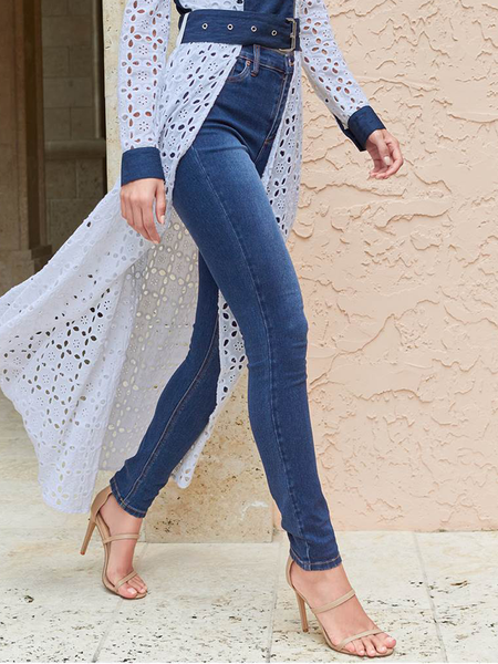 

Tight Micro-Elasticity Plain Urban Long Jeans, Denim blue, Jeans