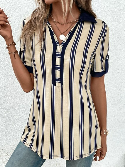 Striped Casual Loose Shirt, Khaki, Shirts & Blouses