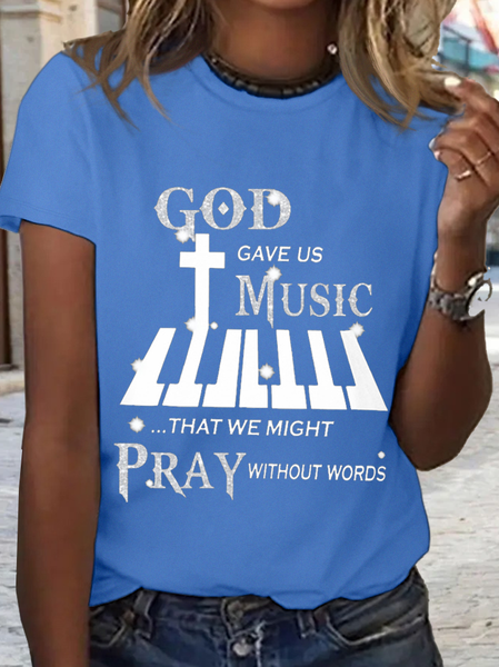 

Women's God Give Us Music Simple Loose Cotton T-Shirt, Blue, T-shirts