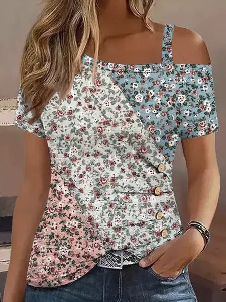 

One Shoulder Loose Floral Casual T-Shirt, Green, T-Shirts