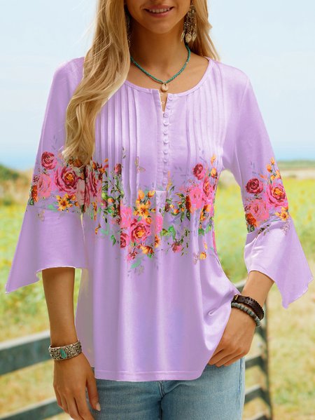 

Floral V Neck Regular Fit Casual Top, Purple, Shirts & Blouses