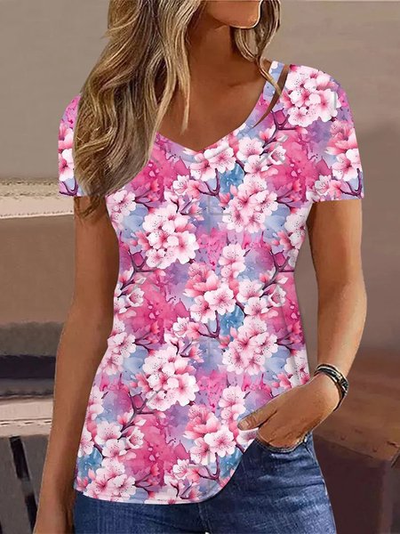 

Loose Casual Floral V Neck T-Shirt, Pink, T-Shirts
