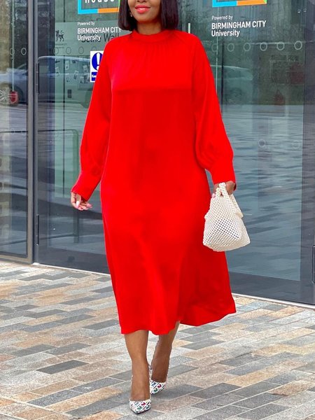 

Crew Neck Elegant Plain Midi Dress With No Belt, Red, Midi Dresses