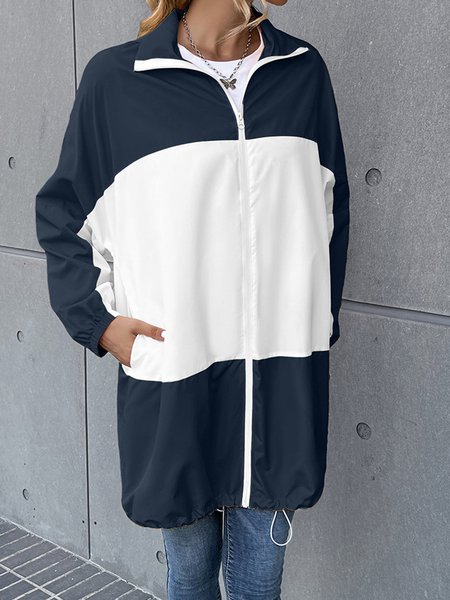 

Casual Color Block Shawl Collar water proof Trench Coat, Navyblue, Trench Coats
