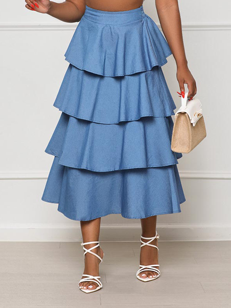 

Loose Lightweight Plain Elegant faux denim Maxi Skirt, Denim blue, Denim Skirts