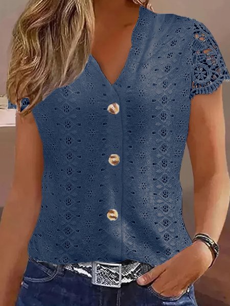 

Loose Casual Lace V Neck Blouse, Blue, Shirts & Blouses