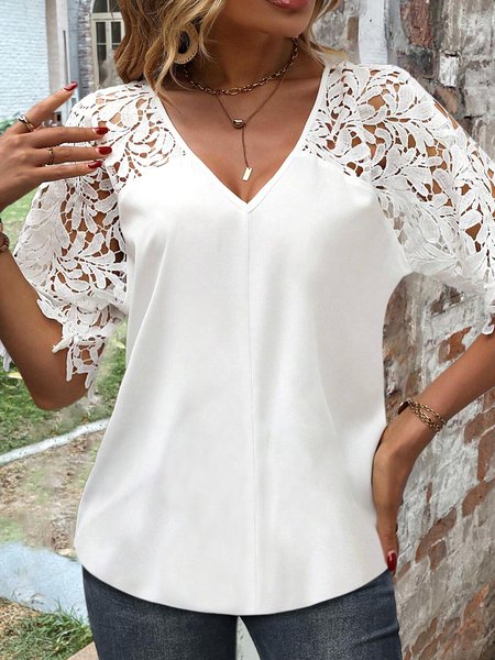 

Loose V Neck Casual Blouse, White, Shirts & Blouses