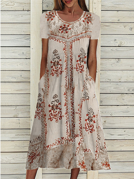 

Crew Neck Loose Casual Ethnic Dress, Apricot, Dresses