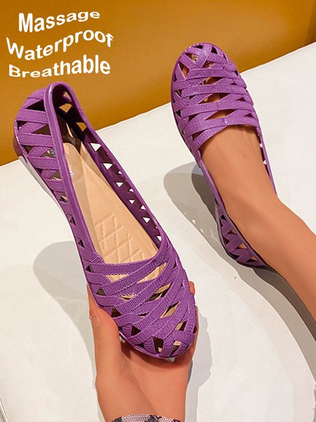 

Waterproof PVC Hollow Woven Strap Casual Flat Shoes, Purple, Flats