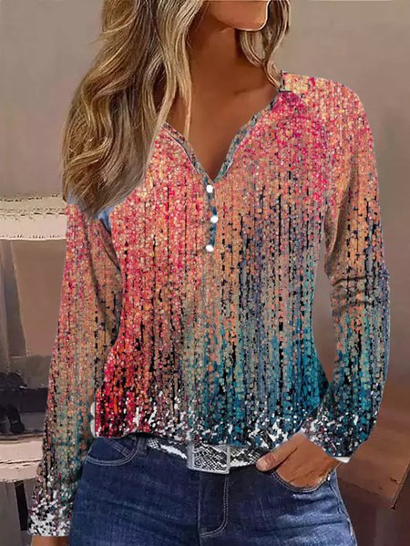 

Gradient Pattern Loose V Neck Casual T-Shirt, Dark pink, T-Shirts
