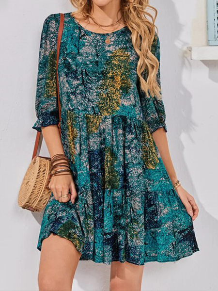 

Abstract Casual Loose Crew Neck Flare Sleeve Dress, Blue, Dresses