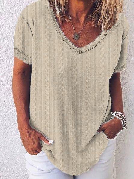 

Loose Plain V Neck Casual T-Shirt, Khaki, T-Shirts