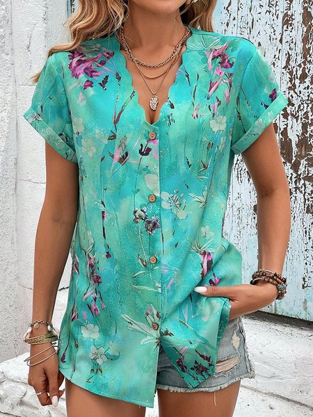 

Casual Floral Loose Blouse, Blue, Shirts & Blouses