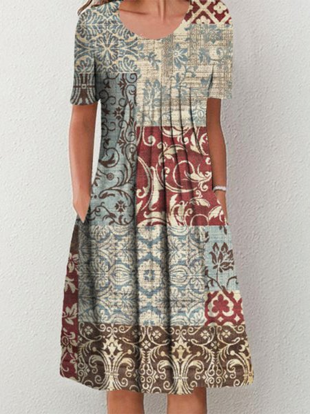 

Loose Crew Neck Ethnic Casual Dress, Blue, Dresses