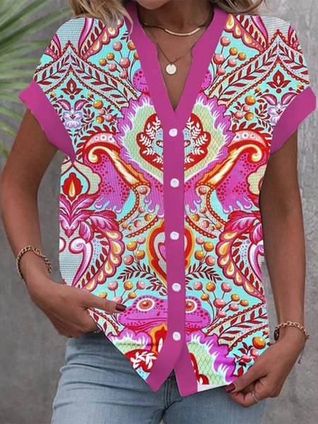 

Paisley Casual V Neck Blouse, Pink, Shirts & Blouses