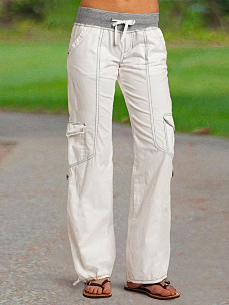 

Linen Loose Plain Casual Drawstring Flap Pocket Side Tie Hem Long Pants, White, Pants