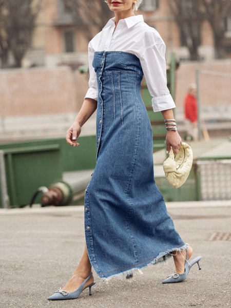 

Cold Shoulder Regular Fit Plain Urban Denim Dress, Blue, Maxi Dresses