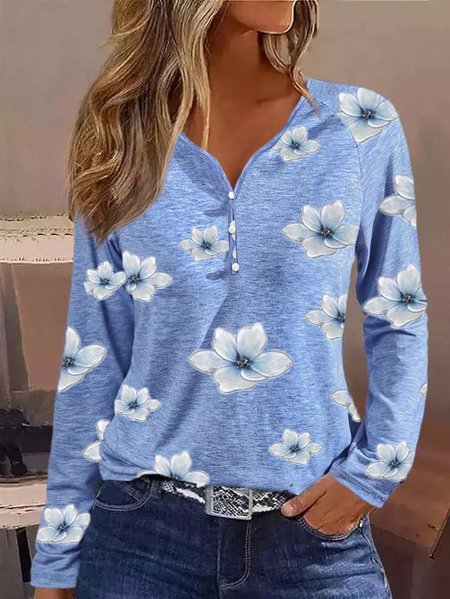 

V Neck Floral Loose T-Shirt, Blue, T-Shirts