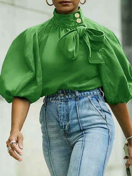 

Half Turtleneck Loose Urban Plain Blouse, Green, Blouses and Shirts